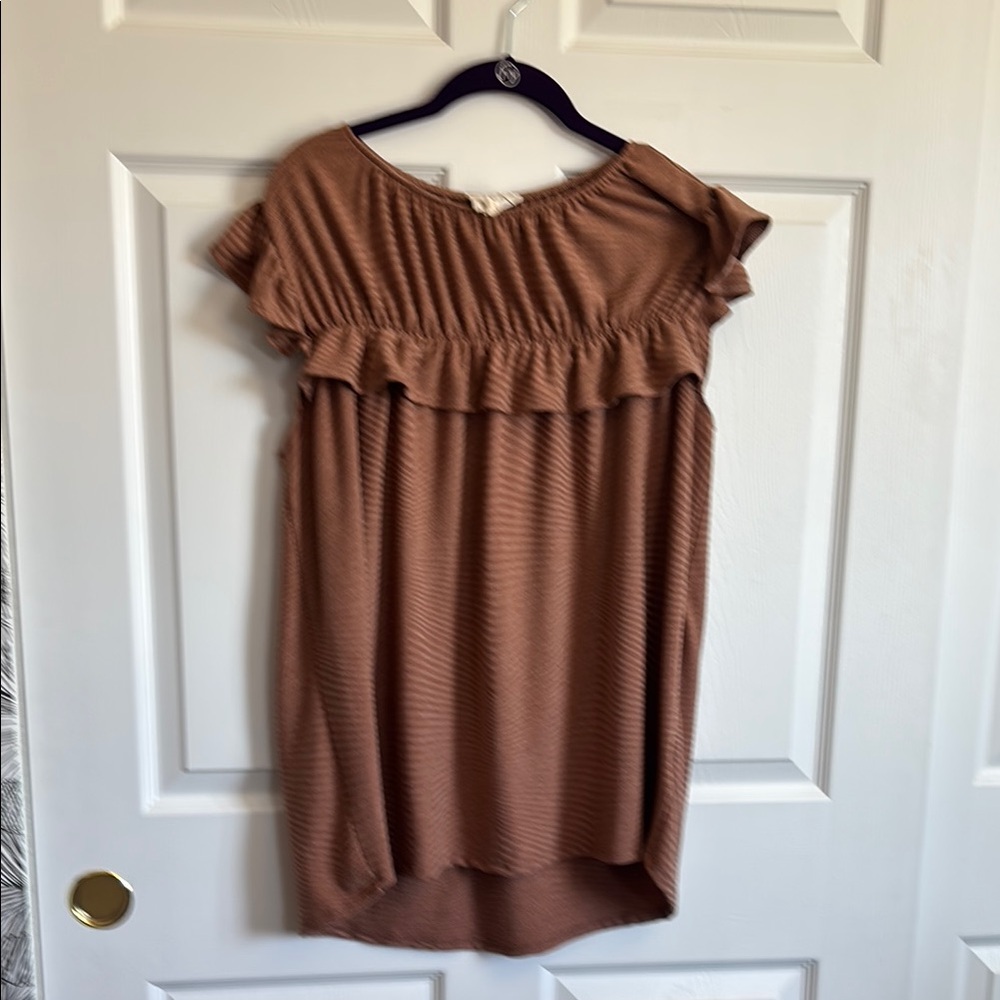 Brown Flutter Sleeve Ruffled Tunic Top